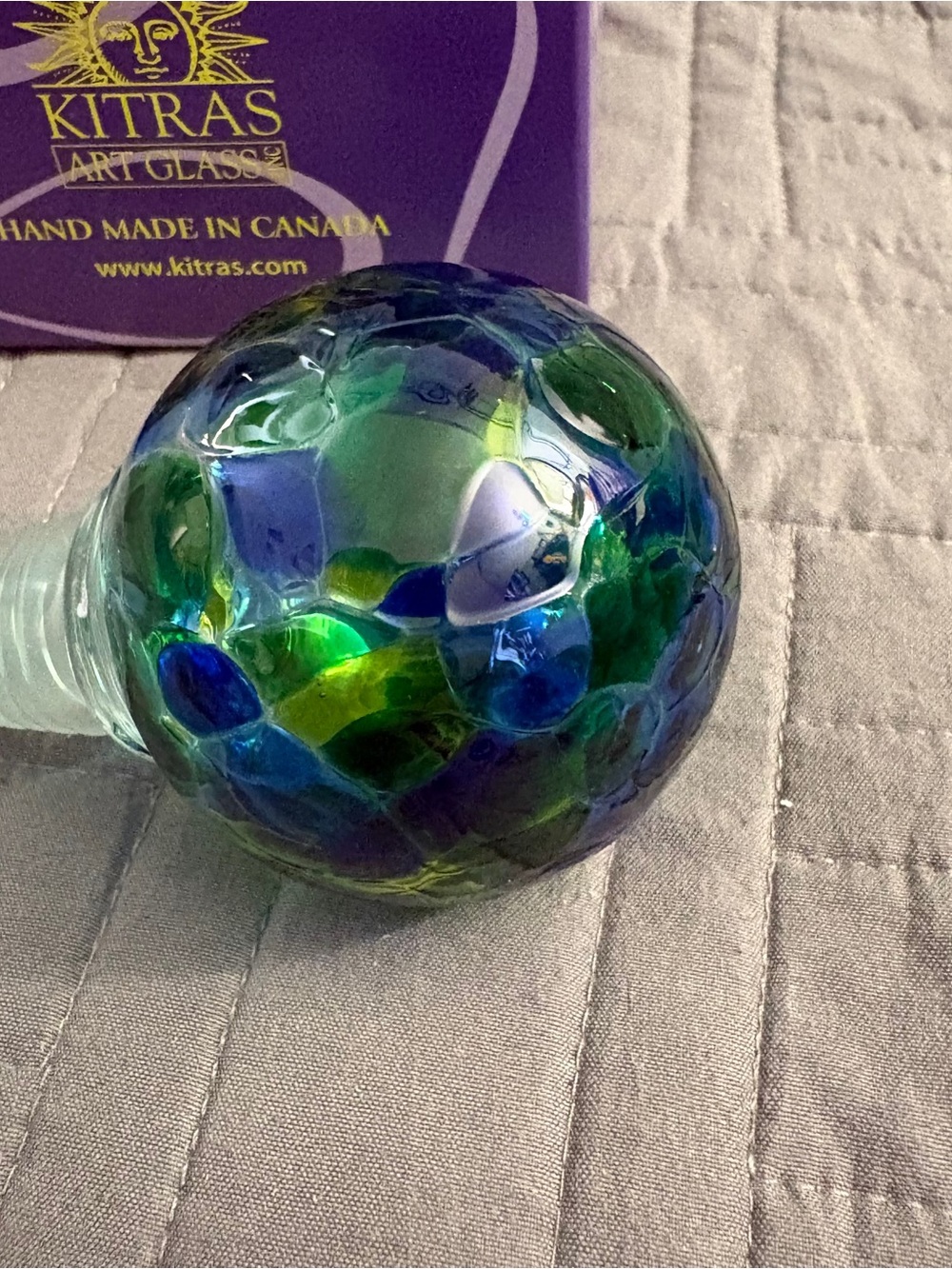 Kitras Art Glass Bottle Stopper Blue & Green Abstract Hand Blown Cork New